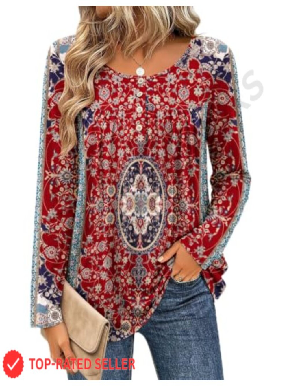 Women's Long Sleeve Floral Tunic Blouse Loose Casual Tops